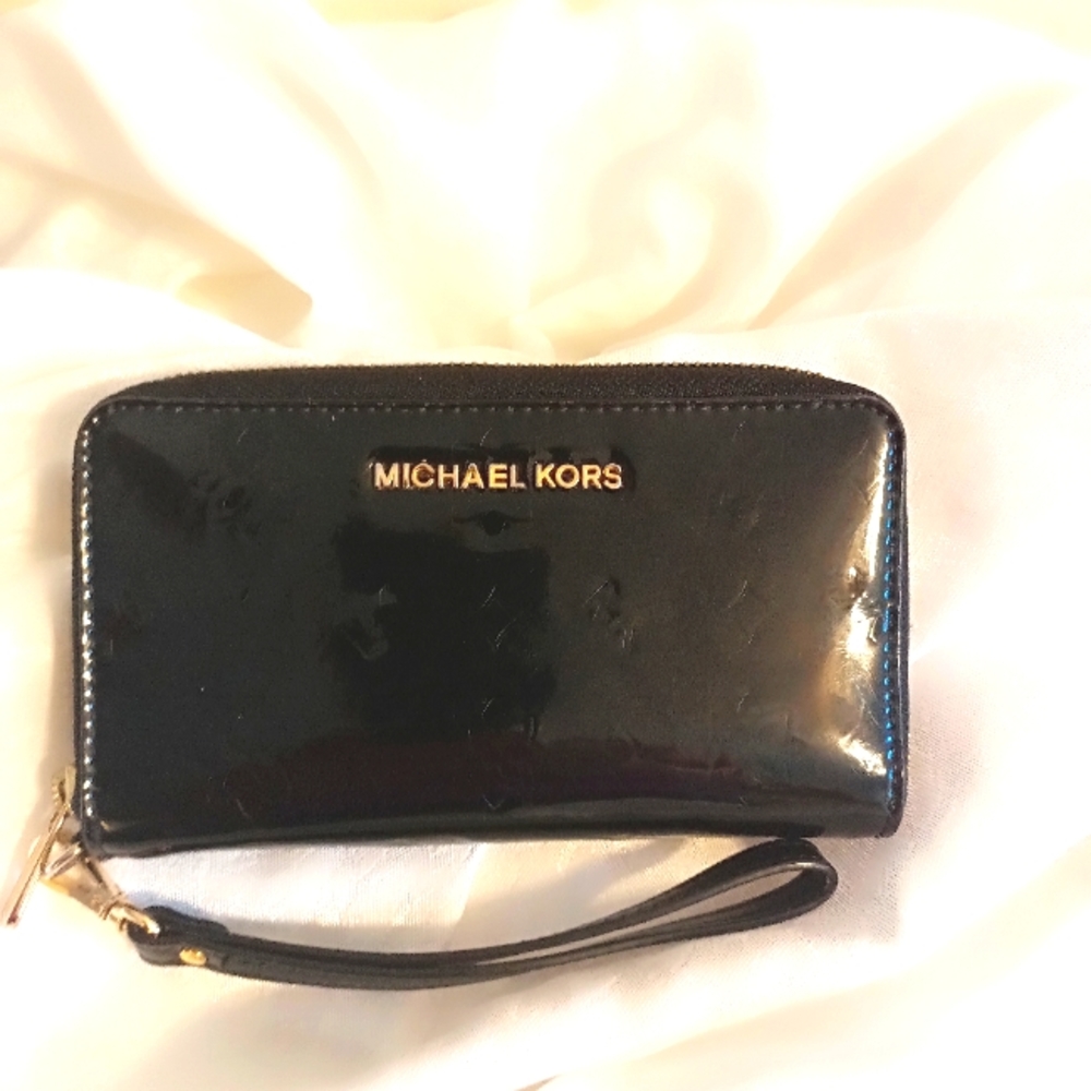 Michael Kors Black Patent Wristlet Clutch with Gold Hardware